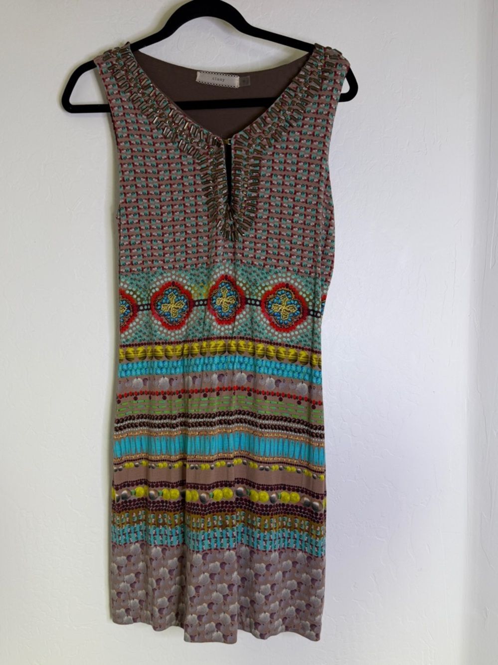 Cluny Sleeveless Midi Dress in Taupe and Turquoise S